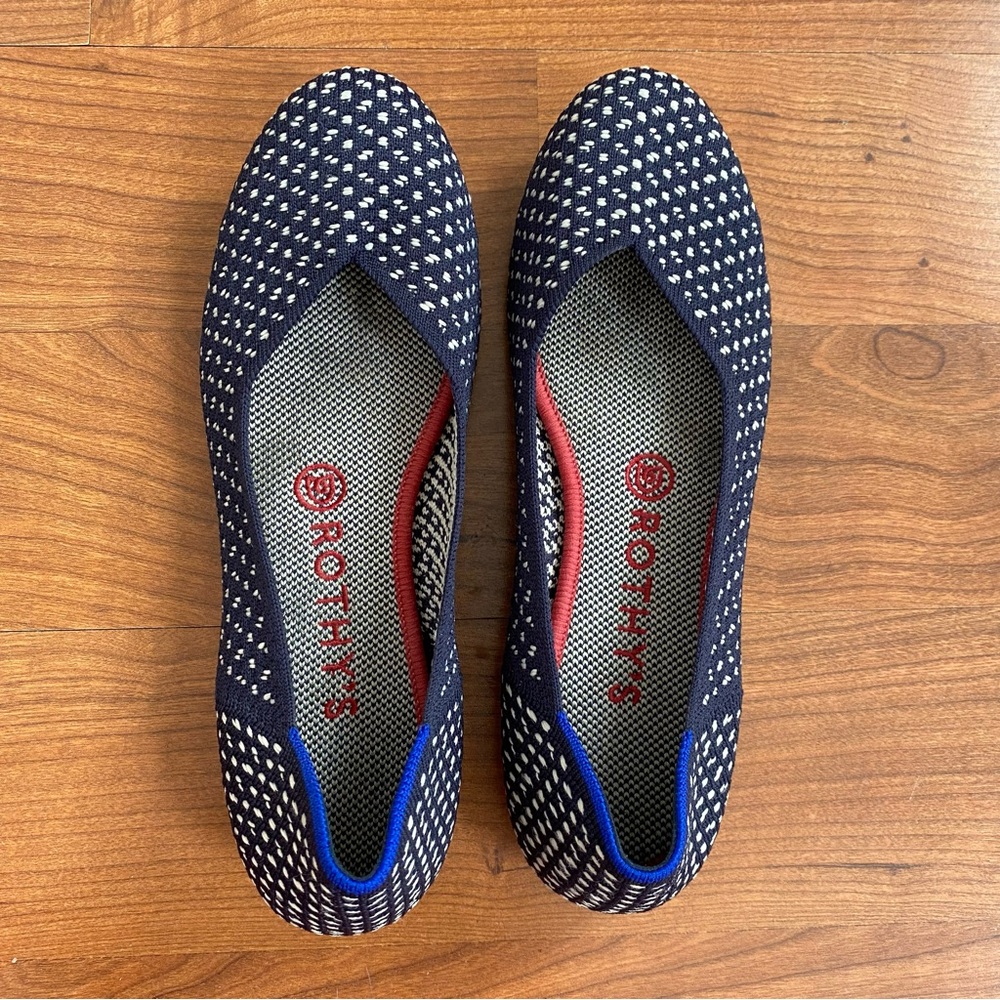 Rothy’s The Flat Round Toe Navy and White Polka Dot